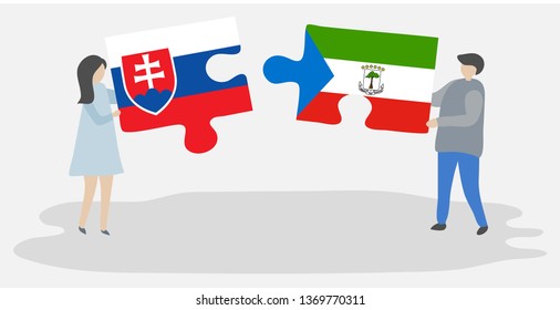 Couple holding two puzzles pieces with Slovak and Equatorial Guinean flags. Slovakia and Equatorial Guinea national symbols together.