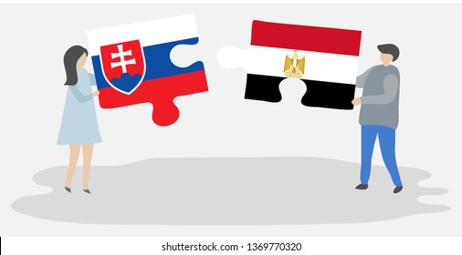 Couple holding two puzzles pieces with Slovak and Egyptian flags. Slovakia and Egypt national symbols together.