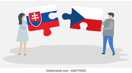 Couple holding two puzzles pieces with Slovak and Czech flags. Slovakia and Czech Republic national symbols together.