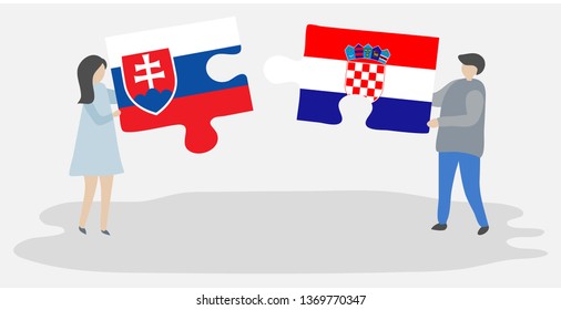 Couple holding two puzzles pieces with Slovak and Croatian flags. Slovakia and Croatia national symbols together.