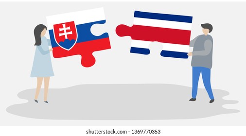 Couple holding two puzzles pieces with Slovak and Costa Rican flags. Slovakia and Costa Rica national symbols together.