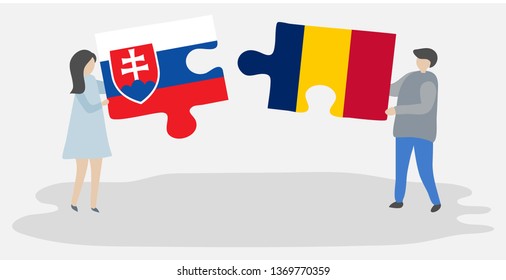 Couple holding two puzzles pieces with Slovak and Chadian flags. Slovakia and Chad national symbols together.