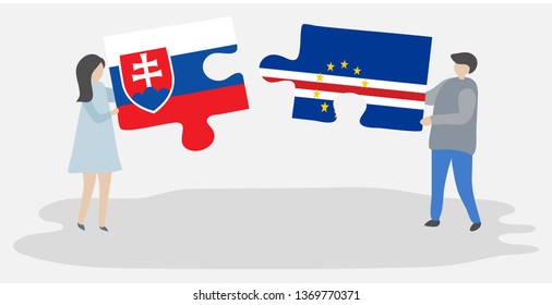 Couple holding two puzzles pieces with Slovak and Cabo Verdean flags. Slovakia and Cape Verde national symbols together.