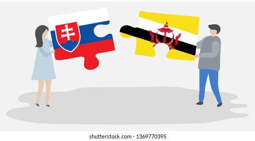 Couple holding two puzzles pieces with Slovak and Bruneian flags. Slovakia and Brunei national symbols together.