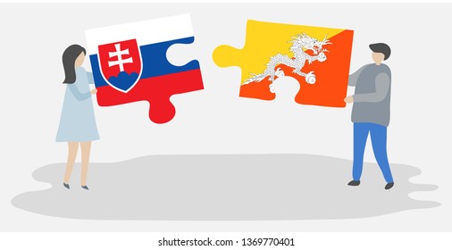 Couple holding two puzzles pieces with Slovak and Bhutanese flags. Slovakia and Bhutan national symbols together.