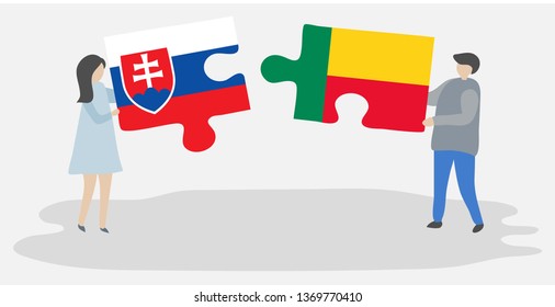Couple holding two puzzles pieces with Slovak and Beninese flags. Slovakia and Benin national symbols together.