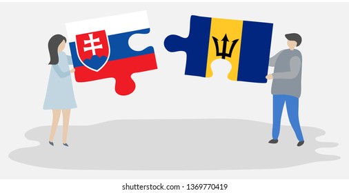 Couple holding two puzzles pieces with Slovak and Barbadian flags. Slovakia and Barbados national symbols together.