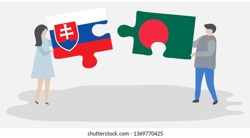 Couple holding two puzzles pieces with Slovak and Bangladeshi flags. Slovakia and Bangladesh national symbols together.