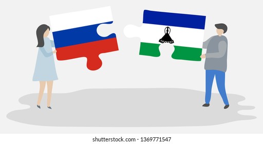 Couple holding two puzzles pieces with Russian and Basotho flags. Russia and Lesotho national symbols together.