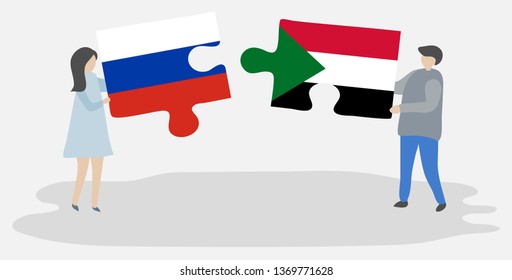Couple holding two puzzles pieces with Russian and Sudanese flags. Russia and Sudan national symbols together.