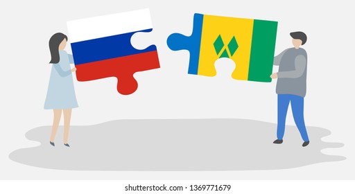 Couple holding two puzzles pieces with Russian and Vincentian flags. Russia and Saint Vincent and the Grenadines national symbols together.
