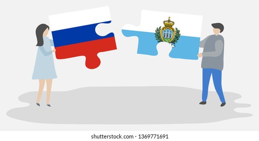 Couple holding two puzzles pieces with Russian and Sammarinese flags. Russia and San Marino national symbols together.