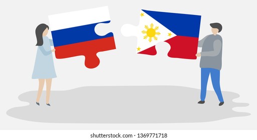 Couple holding two puzzles pieces with Russian and Filipino flags. Russia and Philippines national symbols together.