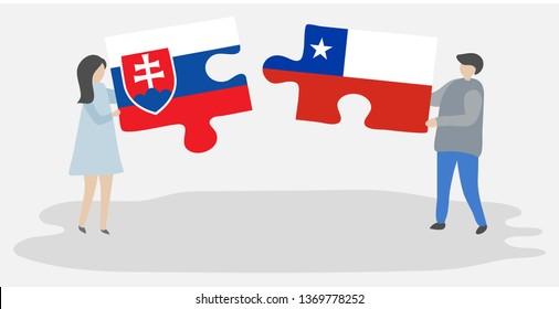Couple holding two puzzles pieces with Slovak and Chilean flags. Slovakia and Chile national symbols together.