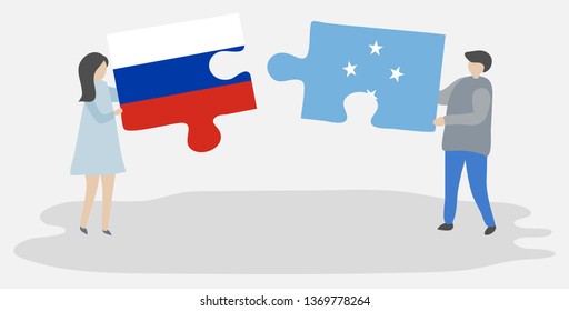 Couple holding two puzzles pieces with Russian and Micronesian flags. Russia and Micronesia national symbols together.
