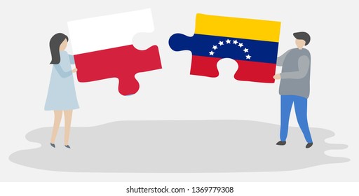 Couple holding two puzzles pieces with Polish and Venezuelan flags. Poland and Venezuela national symbols together.