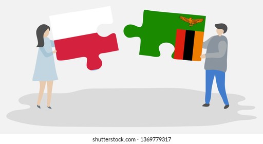 Couple holding two puzzles pieces with Polish and Zambian flags. Poland and Zambia national symbols together.