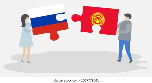 Couple holding two puzzles pieces with Russian and Kirgiz flags. Russia and Kyrgyzstan national symbols together.