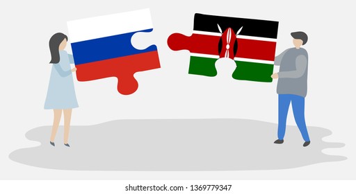 Couple holding two puzzles pieces with Russian and Kenyan flags. Russia and Kenya national symbols together.