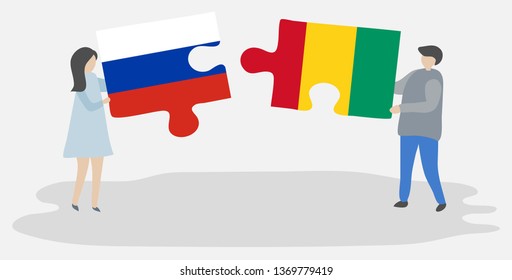 Couple holding two puzzles pieces with Russian and Guinean flags. Russia and Guinea national symbols together.