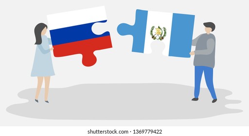 Couple holding two puzzles pieces with Russian and Guatemalan flags. Russia and Guatemala national symbols together.