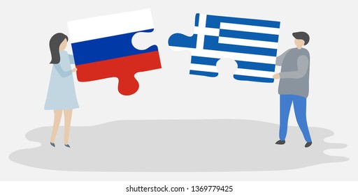 Couple holding two puzzles pieces with Russian and Greek flags. Russia and Greece national symbols together.