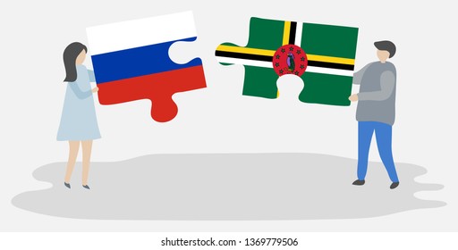 Couple holding two puzzles pieces with Russian and Dominican flags. Russia and Dominica national symbols together.