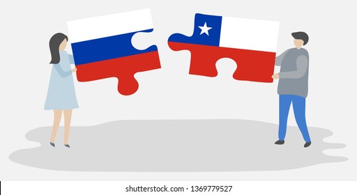 Couple holding two puzzles pieces with Russian and Chilean flags. Russia and Chile national symbols together.