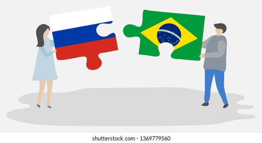 Couple holding two puzzles pieces with Russian and Brazilian flags. Russia and Brazil national symbols together.