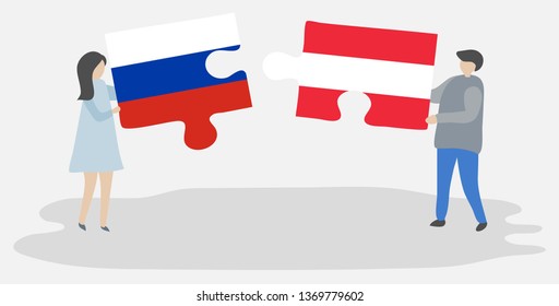 Couple holding two puzzles pieces with Russian and Austrian flags. Russia and Austria national symbols together.