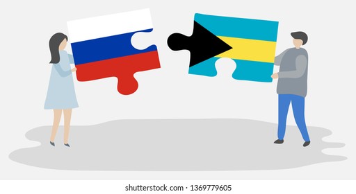 Couple holding two puzzles pieces with Russian and Bahamian flags. Russia and Bahamas national symbols together.