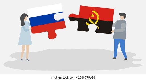 Couple holding two puzzles pieces with Russian and Angolan flags. Russia and Angola national symbols together.