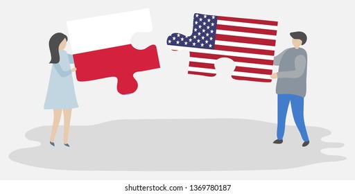 Couple holding two puzzles pieces with Polish and American flags. Poland and United States of America national symbols together.