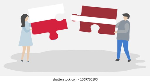Couple holding two puzzles pieces with Polish and Latvian flags. Poland and Latvia national symbols together.