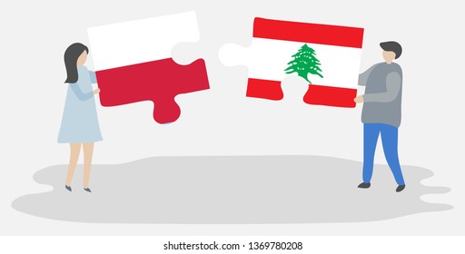 Couple holding two puzzles pieces with Polish and Lebanese flags. Poland and Lebanon national symbols together.