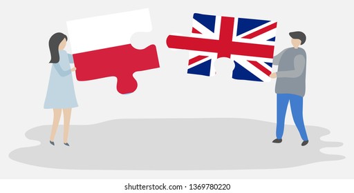 Couple holding two puzzles pieces with Polish and British flags. Poland and United Kingdom national symbols together.