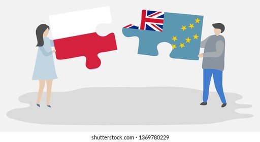 Couple holding two puzzles pieces with Polish and Tuvaluan flags. Poland and Tuvalu national symbols together.