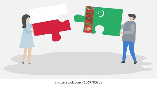 Couple holding two puzzles pieces with Polish and Turkmen flags. Poland and Turkmenistan national symbols together.