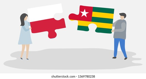 Couple holding two puzzles pieces with Polish and Togolese flags. Poland and Togo national symbols together.