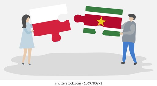 Couple holding two puzzles pieces with Polish and Surinamese flags. Poland and Suriname national symbols together.