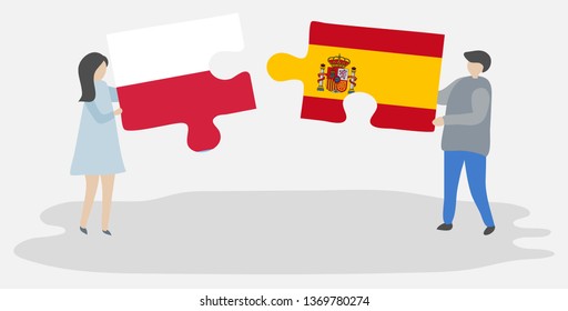 Couple holding two puzzles pieces with Polish and Spanish flags. Poland and Spain national symbols together.