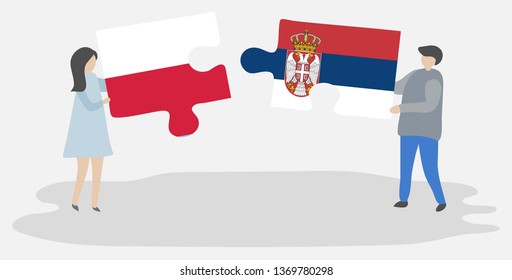 Couple holding two puzzles pieces with Polish and Serbian flags. Poland and Serbia national symbols together.