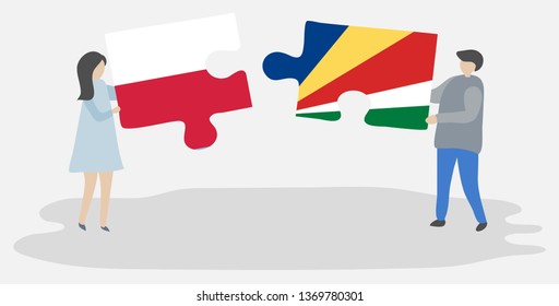 Couple holding two puzzles pieces with Polish and Seychellois flags. Poland and Seychelles national symbols together.