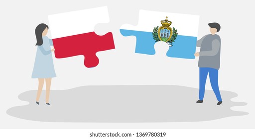 Couple holding two puzzles pieces with Polish and Sammarinese flags. Poland and San Marino national symbols together.