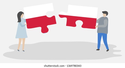 Couple holding two puzzles pieces with Polish and Polish flags. Poland and Poland national symbols together.