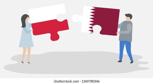 Couple holding two puzzles pieces with Polish and Qatari flags. Poland and Qatar national symbols together.