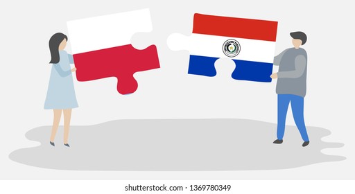 Couple holding two puzzles pieces with Polish and Paraguayan flags. Poland and Paraguay national symbols together.