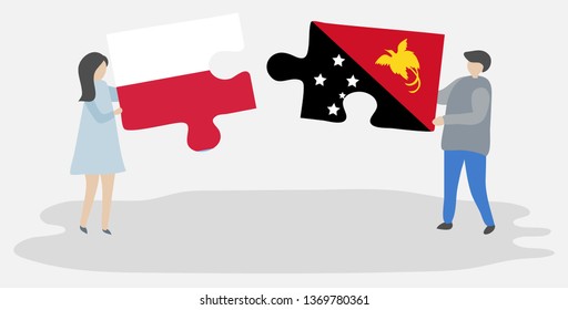 Couple holding two puzzles pieces with Polish and Papuan flags. Poland and Papua New Guinea national symbols together.