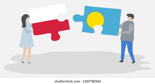 Couple holding two puzzles pieces with Polish and Palauan flags. Poland and Palau national symbols together.