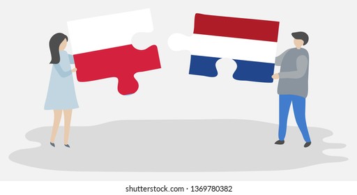 Couple holding two puzzles pieces with Polish and Dutch flags. Poland and Netherlands national symbols together.